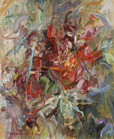 Картина под названием "Red peony." - Marina Podgaevskaya, Подлинное произведение искусства, Масло Установлен на Деревянная р…