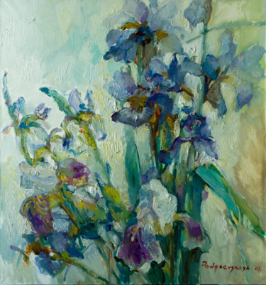 Painting titled "Blue irises" by Marina Podgaevskaya, Original Artwork, Oil Mounted on Wood Stretcher frame