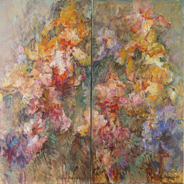 Картина под названием "Irises.Diptych" - Marina Podgaevskaya, Подлинное произведение искусства, Масло Установлен на Деревянн…