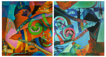 Картина под названием "Red and Blue (dipty…" - Marina Podgaevskaya, Подлинное произведение искусства, Масло Установлен на Де…