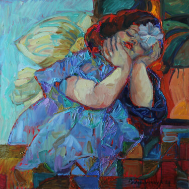 Schilderij getiteld "Girl in blue" door Marina Podgaevskaya, Origineel Kunstwerk, Olie Gemonteerd op Frame voor houten branc…