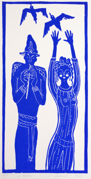 Druckgrafik mit dem Titel ""A tune"" von Marina Pozhidaeva, Original-Kunstwerk, Linoldrucke