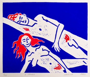 Druckgrafik mit dem Titel ""A couple"" von Marina Pozhidaeva, Original-Kunstwerk, Linoldrucke