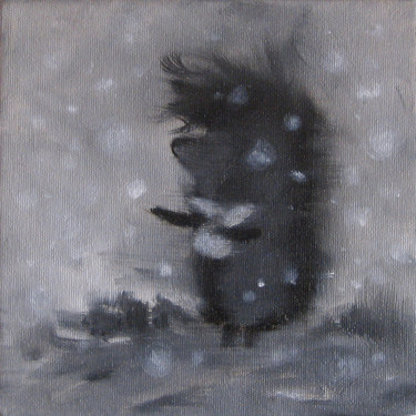 Painting titled "Hadgehog and Snowfl…" by Marina Rusalka, Original Artwork, Oil Mounted on Wood Stretcher frame