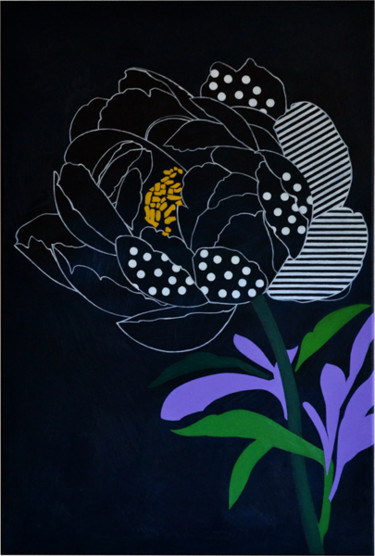 Painting titled "Peony with lines" by Marina Rusalka, Original Artwork, Oil Mounted on Wood Stretcher frame
