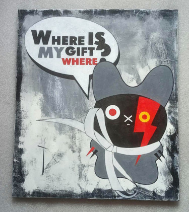 Painting titled "Where is my gift?" by Marina Rusalka, Original Artwork, Oil Mounted on Wood Stretcher frame