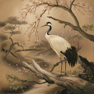 Digital Arts titled "Crane bird on the t…" by Marina Rusalka, Original Artwork, Digital Painting