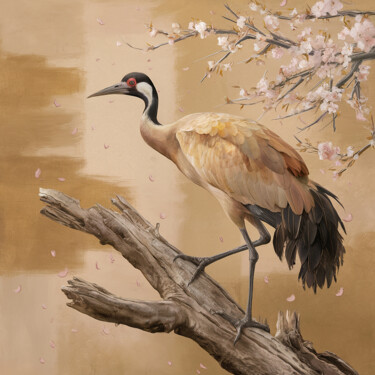 Artes digitais intitulada "Crane bird on the t…" por Marina Rusalka, Obras de arte originais, Pintura digital