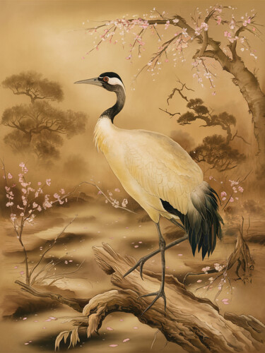 Цифровое искусство под названием "Crane bird on the t…" - Marina Rusalka, Подлинное произведение искусства, Цифровая живопись