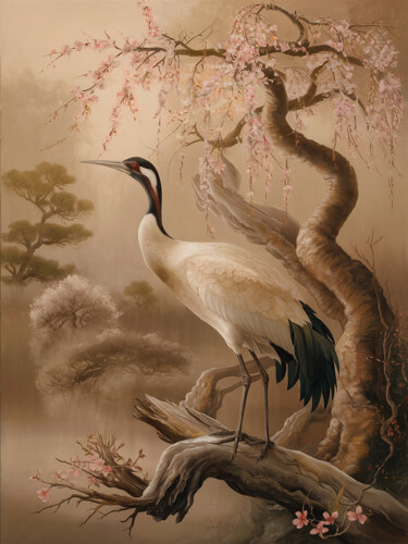 Arts numériques intitulée "Crane bird on the t…" par Marina Rusalka, Œuvre d'art originale, Peinture numérique