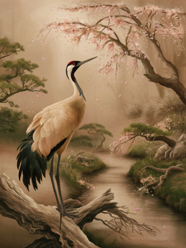 Digital Arts titled "Crane bird on the t…" by Marina Rusalka, Original Artwork, Digital Painting