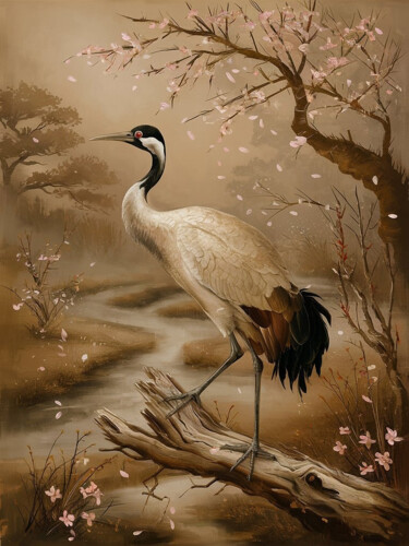Digitale Kunst getiteld "Crane bird on the t…" door Marina Rusalka, Origineel Kunstwerk, Digitaal Schilderwerk