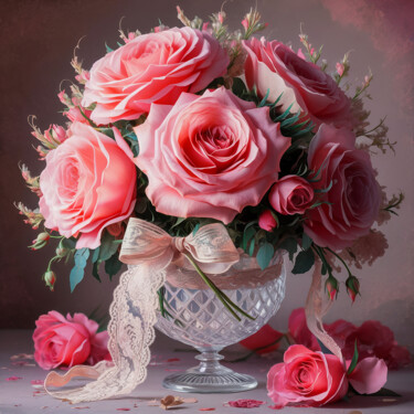 Digitale Kunst getiteld "Bouquet of pink ros…" door Marina Rusalka, Origineel Kunstwerk, AI gegenereerde afbeelding