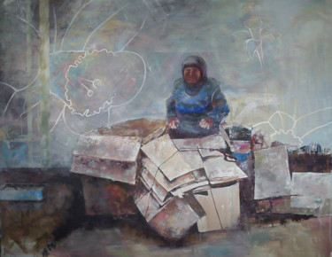 Painting titled "Florist" by Marina Shkarupa, Original Artwork, Oil Mounted on Wood Stretcher frame