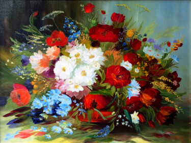Painting titled "Bouquet of red popp…" by Marina Skromova, Original Artwork, Oil