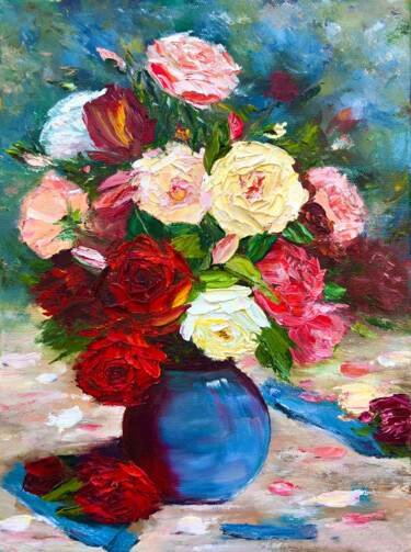 Peinture intitulée "Garden colorful ros…" par Marina Skromova, Œuvre d'art originale, Huile