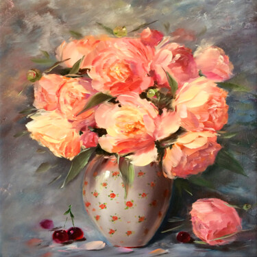 Peinture intitulée "Bouquet of fresh pe…" par Marina Skromova, Œuvre d'art originale, Huile