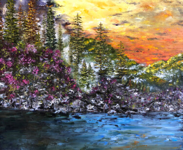 Painting titled "RIVER IN MOUNTAIN F…" by Marina Skromova, Original Artwork, Oil Mounted on Wood Stretcher frame