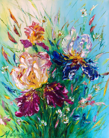 Painting titled "Dancing irises" by Marina Skromova, Original Artwork, Oil