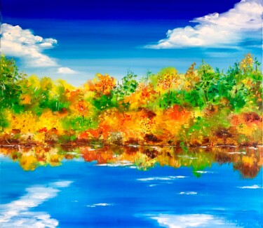 Schilderij getiteld "Autumn landscape. G…" door Marina Skromova, Origineel Kunstwerk, Olie Gemonteerd op Houten paneel