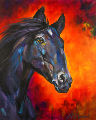 Pintura titulada "FIRE HORSE - Oil pa…" por Marina Skromova, Obra de arte original, Oleo Montado en Panel de madera