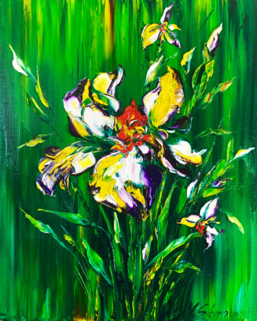 Schilderij getiteld "ROYAL IRIS - White…" door Marina Skromova, Origineel Kunstwerk, Olie Gemonteerd op Houten paneel