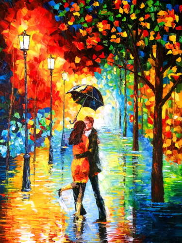 Картина под названием "LOVE IN THE RAIN -…" - Marina Skromova, Подлинное произведение искусства, Масло Установлен на Деревян…