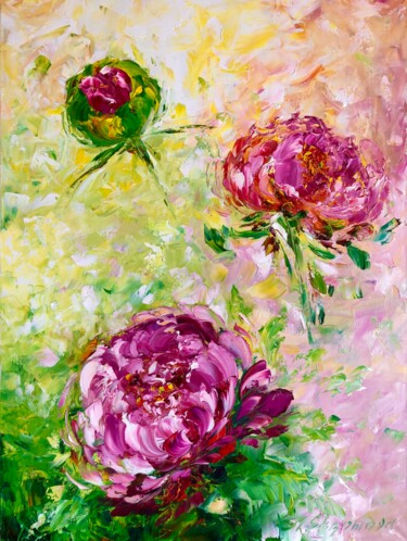 Painting titled "BRIGHT PEONIES - Su…" by Marina Skromova, Original Artwork, Oil Mounted on Wood Stretcher frame