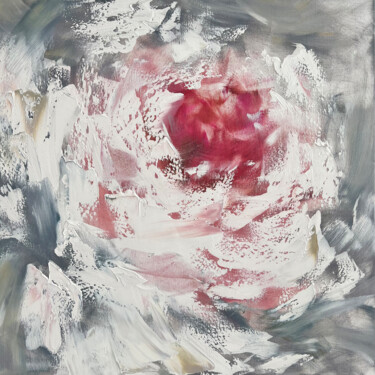 Painting titled "White peony petals…" by Marina Skromova, Original Artwork, Oil Mounted on Wood Stretcher frame