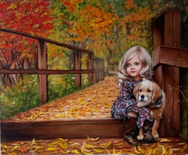 Schilderij getiteld "Girl and puppy" door Marina Ternavskaya, Origineel Kunstwerk, Olie Gemonteerd op Karton