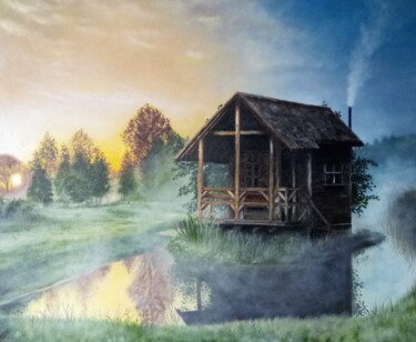 Schilderij getiteld "Hunting lodge" door Marina Ternavskaya, Origineel Kunstwerk, Olie Gemonteerd op Karton