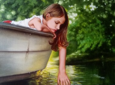 Painting titled "Touch the lake" by Marina Ternavskaya, Original Artwork, Oil Mounted on Cardboard