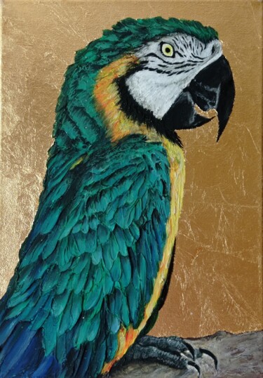 Painting titled "Green parrot" by Marina Ternavskaya, Original Artwork, Acrylic Mounted on Wood Stretcher frame