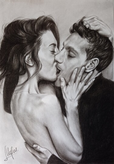 Drawing titled "Kiss" by Marina Ternavskaya, Original Artwork, Charcoal