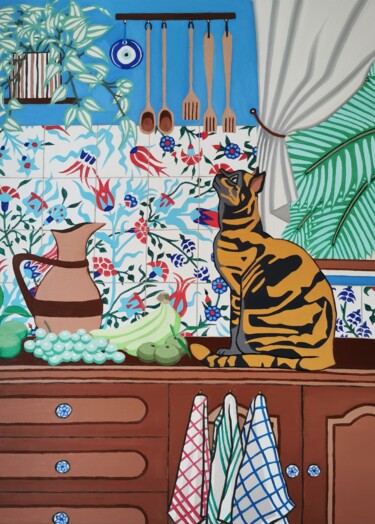 Malerei mit dem Titel "Le Chat et la Cruche" von Marina Uman, Original-Kunstwerk, Öl Auf Keilrahmen aus Holz montiert