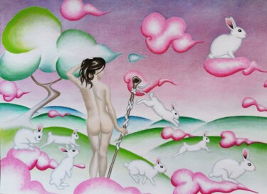 Painting titled "Pastorale aux lapins" by Marina Uman, Original Artwork, Acrylic