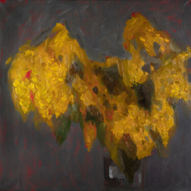 Painting titled "YELLOW MIMOSA ON GR…" by Marina Zubkova, Original Artwork, Oil