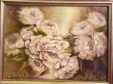 Painting titled "White flowers peyon…" by Marina Zykova, Original Artwork, Oil Mounted on Wood Stretcher frame