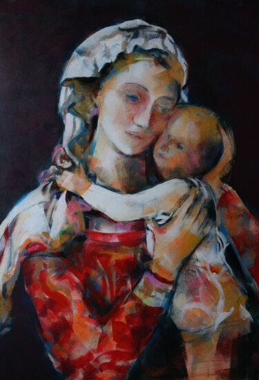 Painting titled "Madonna with child" by Marina Del Pozo, Original Artwork, Acrylic Mounted on Wood Stretcher frame