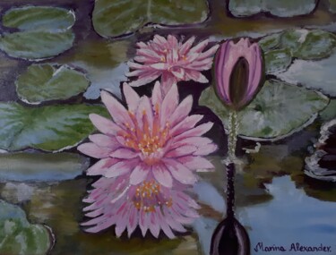 Painting titled "Water Lilies in Blo…" by Marina Alexander, Original Artwork, Oil