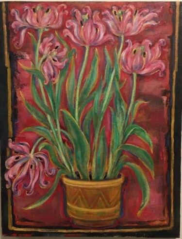 Painting titled "Tulips before they…" by Marina Kalinovsky, Original Artwork, Oil