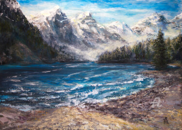 Painting titled "Moraine Lake and mo…" by Marine Kubert, Original Artwork, Acrylic Mounted on Wood Stretcher frame