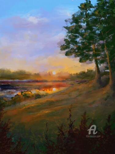 Digital Arts titled "Sunset landscape" by Marine Kubert, Original Artwork, Digital Painting