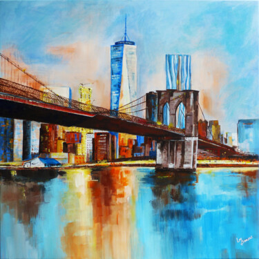 Painting titled "Pont de Brooklyn" by Marine Sansas, Original Artwork, Acrylic Mounted on Wood Stretcher frame