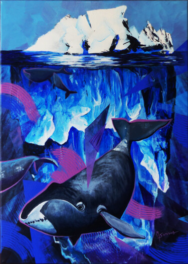 Malarstwo zatytułowany „Baleine Boréale” autorstwa Marine Sansas, Oryginalna praca, Akryl Zamontowany na Drewniana rama noszy