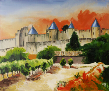 Painting titled "Cité de Carcassonne" by Marine Sansas, Original Artwork, Oil Mounted on Wood Stretcher frame