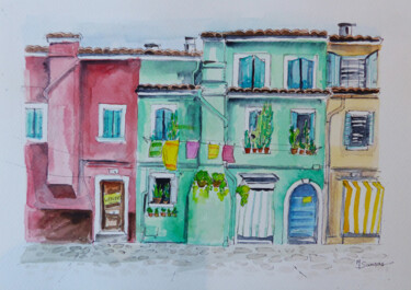 Peinture intitulée "Maisons colorées, B…" par Marine Sansas, Œuvre d'art originale, Aquarelle