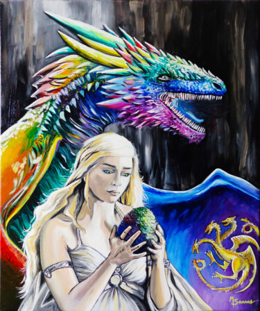 Painting titled "Daenerys, le destin…" by Marine Sansas, Original Artwork, Oil Mounted on Wood Stretcher frame