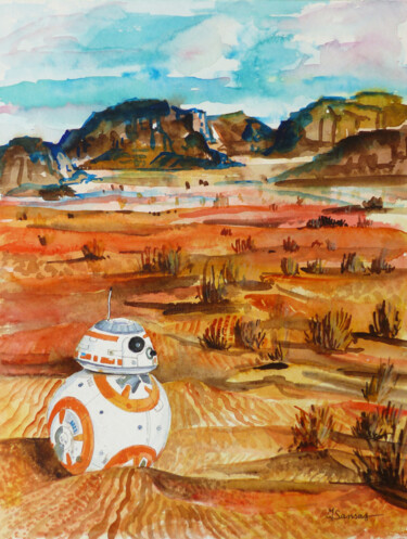 Ζωγραφική με τίτλο "BB8, Stars Wars" από Marine Sansas, Αυθεντικά έργα τέχνης, Ακουαρέλα
