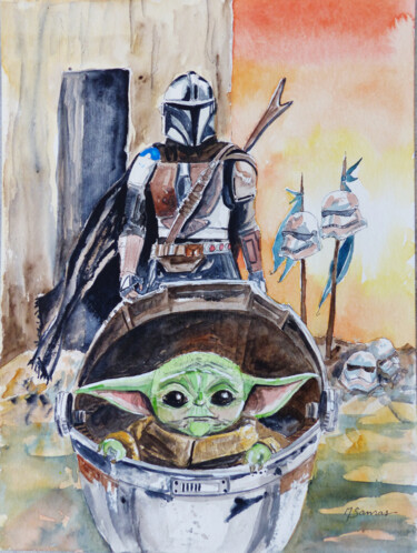 Malerei mit dem Titel "Mando et Baby Yoda" von Marine Sansas, Original-Kunstwerk, Aquarell
